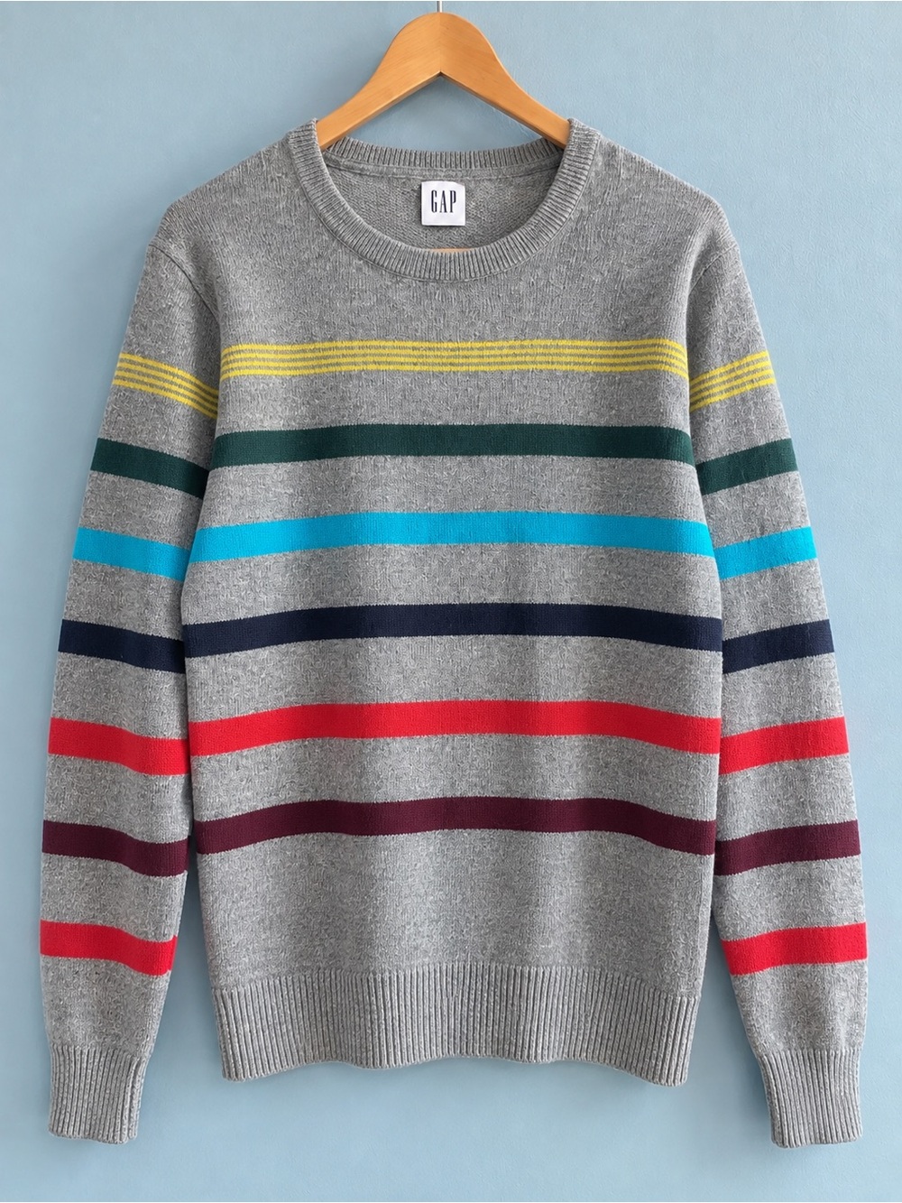 GAP Grey Crewneck Sweater with Multicolor Stripes